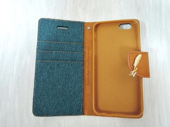 iPhone6plus / 6splus♡初始和羽毛♡筆記本型保護套帆布綠色 第5張的照片