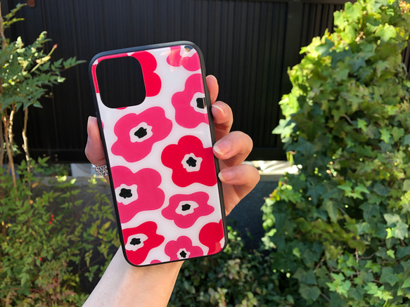 iPhoneケース 強化ガラス　北欧花柄ピンク 6枚目の画像