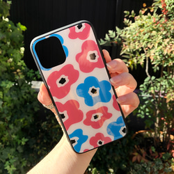 iPhone11/11pro/11proMaxケース 強化ガラス　北欧花柄　水色×ピンク 1枚目の画像