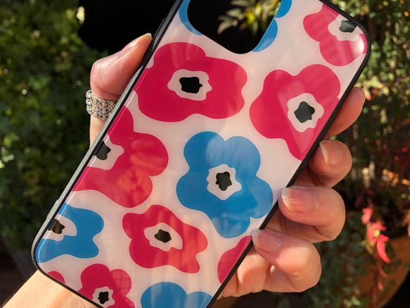 iPhone11/11pro/11proMaxケース 強化ガラス　北欧花柄　水色×ピンク 4枚目の画像