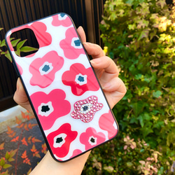 スワロフスキークリスタルデコレーション　iPhoneケース 強化ガラス　北欧花柄ピンク 2枚目の画像