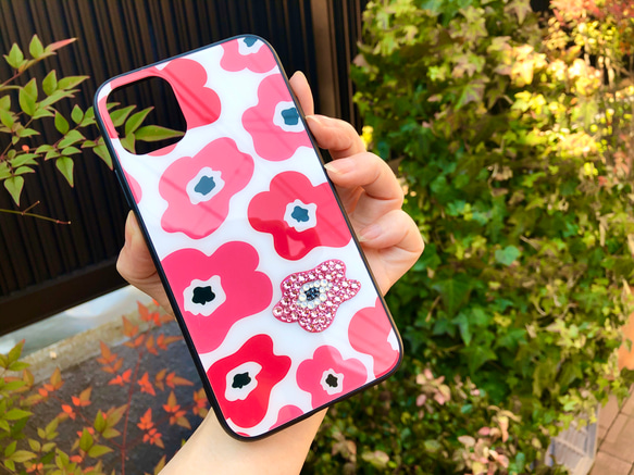 スワロフスキークリスタルデコレーション　iPhoneケース 強化ガラス　北欧花柄ピンク 2枚目の画像