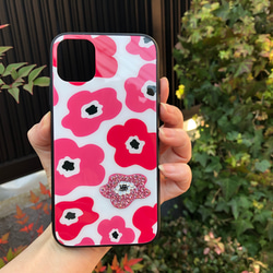 スワロフスキークリスタルデコレーション　iPhoneケース 強化ガラス　北欧花柄ピンク 4枚目の画像