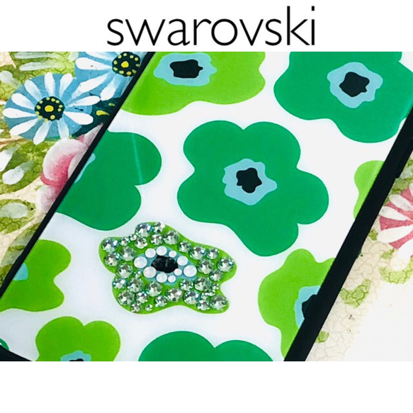 スワロフスキーiPhone 12promaxケース 強化ガラス　北欧花柄　グリーン 1枚目の画像