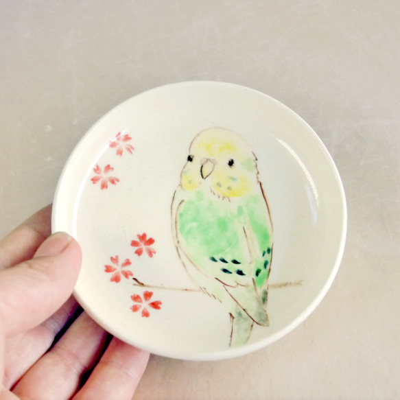 「桜と黄緑色のセキセイインコ」小鳥の豆皿 4枚目の画像