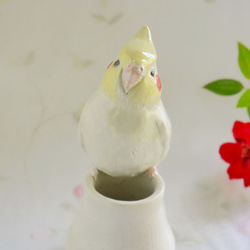 オカメインコの一輪刺し （陶器の小鳥オブジェ） 5枚目の画像