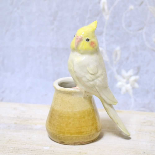 オカメインコの一輪刺し （陶器の小鳥オブジェ） 一輪挿し・花瓶