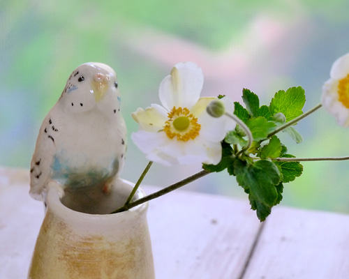 白いセキセイインコの一輪刺し （陶器の小鳥オブジェ） 一輪挿し・花瓶
