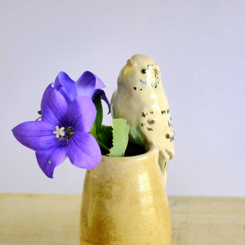 白いセキセイインコの一輪刺し （陶器の小鳥オブジェ） 一輪挿し