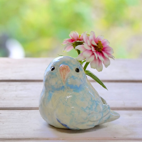 水色の小鳥 マメルリハの一輪刺し（陶器の小鳥） 一輪挿し・花瓶・花器