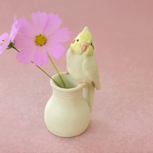 オカメインコの一輪刺し (陶器の小鳥オブジェ) 一輪挿し・花瓶 オカメインコの一輪刺し (陶器の小鳥オブジェ) 一輪挿し・花瓶