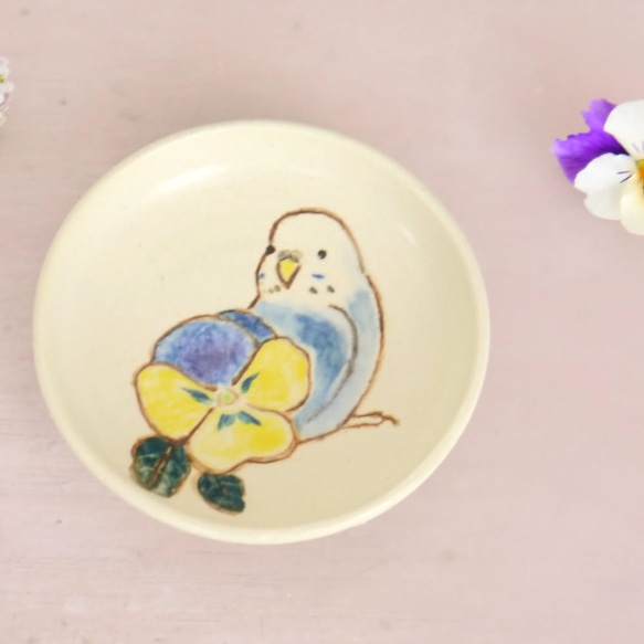 鳥豆盤子“藍色鸚哥和三色堇” 第4張的照片