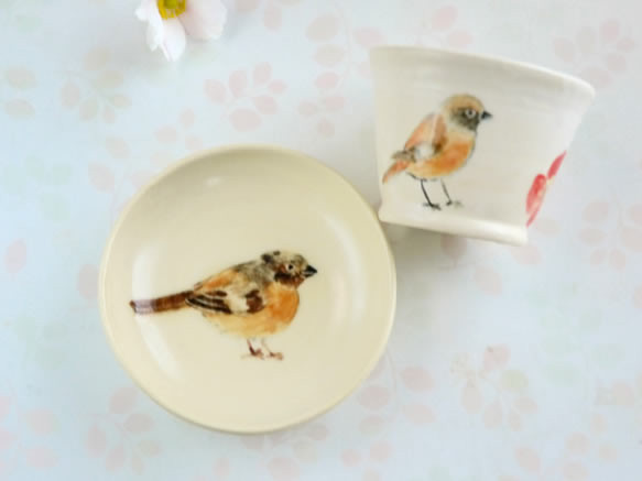 Creema限量版鳥類迷你杯子和豆碟套裝“ Camellia and Redstart” 第1張的照片