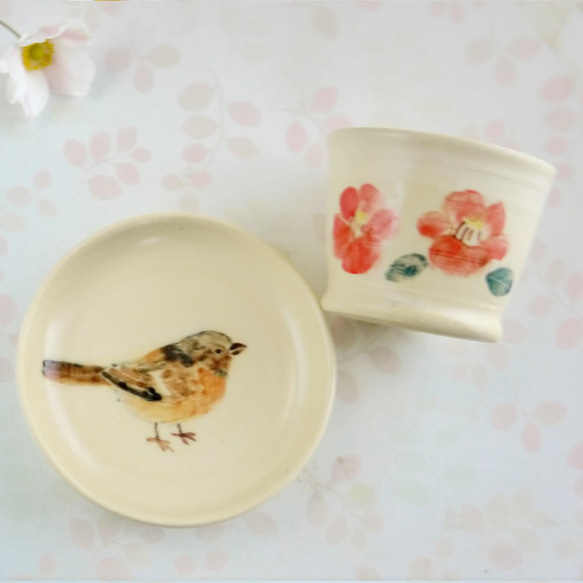 Creema限量版鳥類迷你杯子和豆碟套裝“ Camellia and Redstart” 第4張的照片