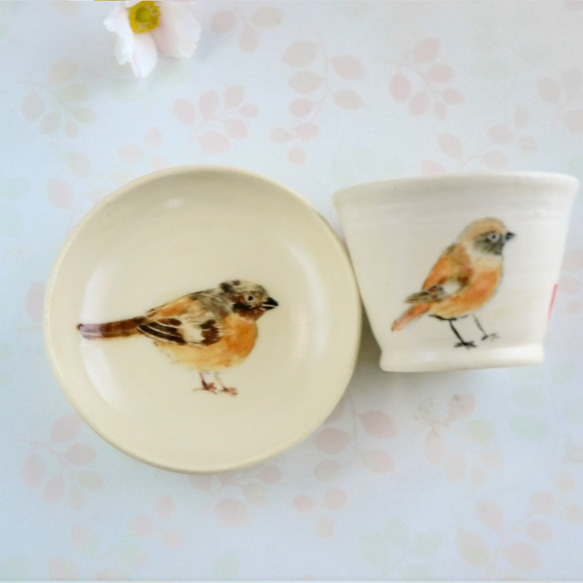 Creema限量版鳥類迷你杯子和豆碟套裝“ Camellia and Redstart” 第5張的照片