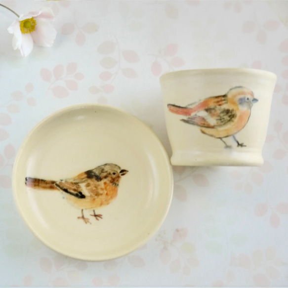 Creema限量版鳥類迷你杯子和豆碟套裝“ Camellia and Redstart” 第6張的照片