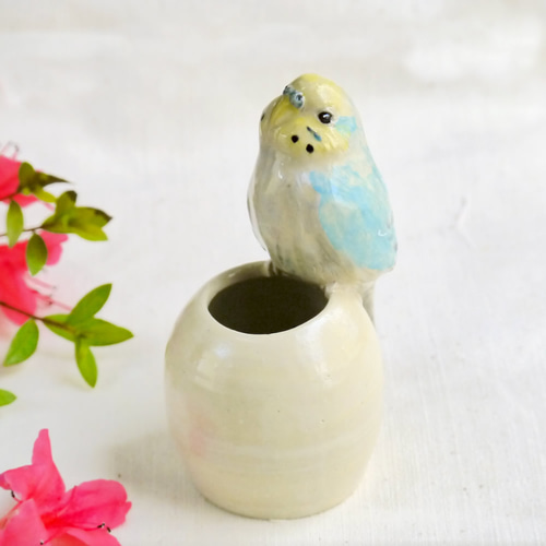 セキセイインコの一輪刺し （陶器の小鳥オブジェ） 一輪挿し