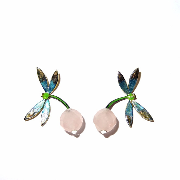 chiching棋青設計手工珠寶飾品 琺瑯系列 琺瑯蜻蜓粉晶耳環 預購 第3張的照片