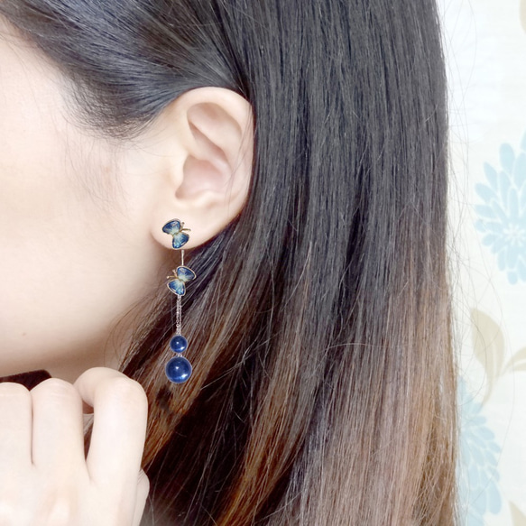 琺瑯雙蝴蝶天然石垂墜耳環(藍晶石款)可拆卸對稱與不對襯多種穿戴式 手工珠寶飾品 預購 第6張的照片