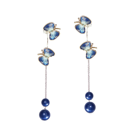 琺瑯雙蝴蝶天然石垂墜耳環(藍晶石款)可拆卸對稱與不對襯多種穿戴式 手工珠寶飾品 預購 第10張的照片