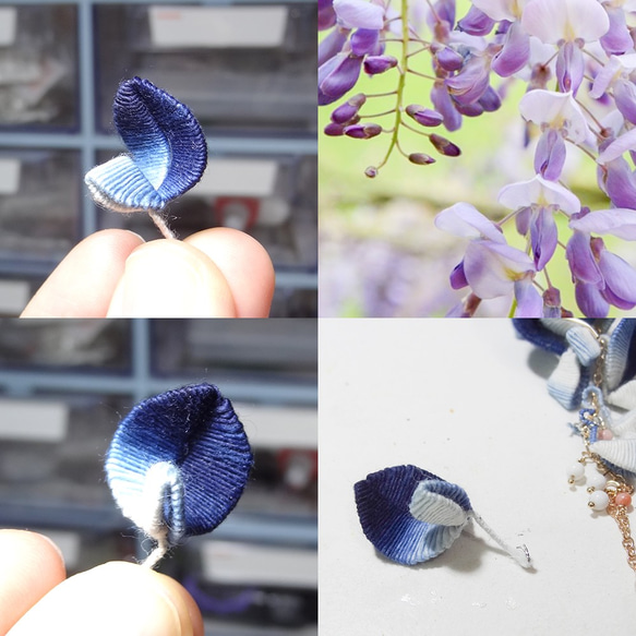 牛仔藍/青花瓷 紫藤花藍染漸層纏花天然石長鍊耳環Wisteria indigo earrings 手工藍染飾品(單支) 第4張的照片