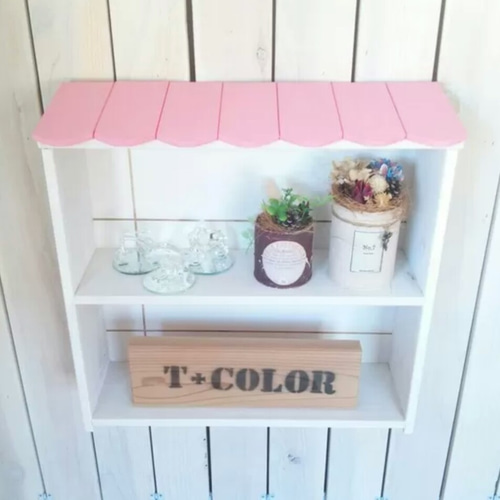 壁掛け金具付☆屋根付き2段シェルフ☆ピンク☆ 壁掛けラック