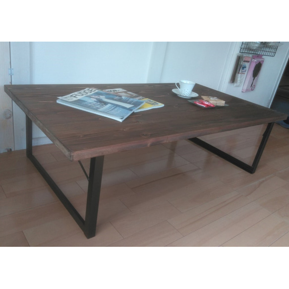 ローテーブル☆L字アイアン脚☆傷防止シート付☆濃いダーク