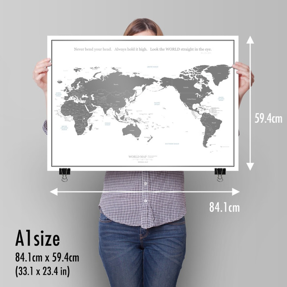100【半額★アウトレット】おおきな世界地図ポスター / 英語のみ表記 / 白×グレー A1サイズ / ミニマルマップ 3枚目の画像