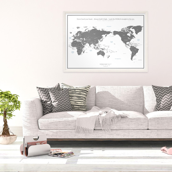 【人気No.1】 英語＆日本語 世界地図 ポスター A1 [ 049 ] 白×グレー ミニマルマップ 4枚目の画像