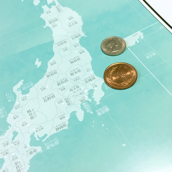 都道府県名＆ふりがな付きA3日本地図ポスター 水彩ブルーグリーン 2枚目の画像