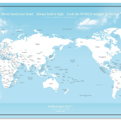 NEW】A2サイズ シンプル世界地図ポスター / 英語・日本語表記 / 空と海