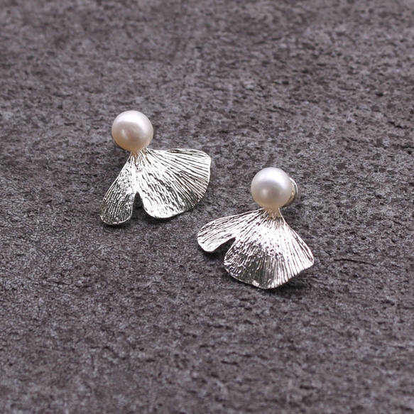 Ginkgo Leaf Pearl Earrings Sterling Silver Leaf Series 2枚目の画像