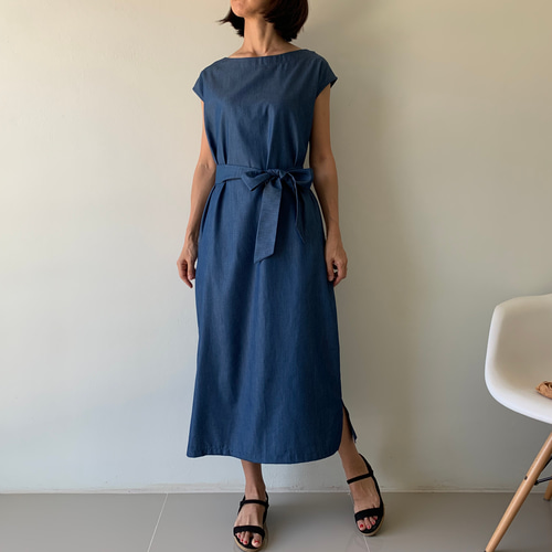 韓国 フェイクレイヤード ロング デニムワンピース 半袖 Aライン ファッションショップAya☆ラインアレンジ・デニム・ワンピース