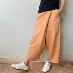 アースカラーオレンジ人気の為追加予約販売巻きスカート風なペグトップパンツ リネン  麻 2枚目の画像