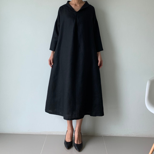 美しく体型カバー。上品さが漂う大人の日常着。七分袖のへちま襟リネン