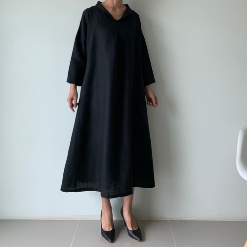 美しく体型カバー。上品さが漂う大人の日常着。七分袖のへちま襟リネン