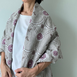 豪華な刺繍　リネンストール　麻　生成り　スカーフ/ショール　210cm 4枚目の画像