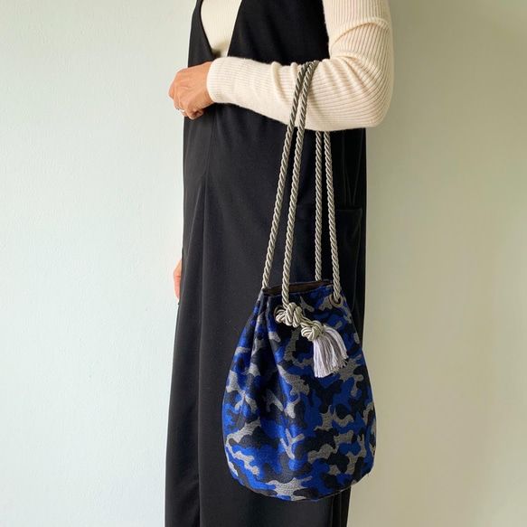 巾着ジャガード織りバッグ　ミニマル3way ブルー/レオパード　秋冬 8枚目の画像
