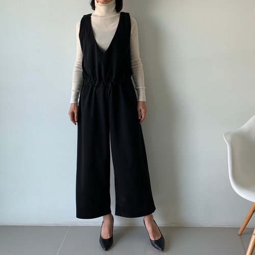 ブラウジングサロペットパンツ 黒オールインワンストレッチV
