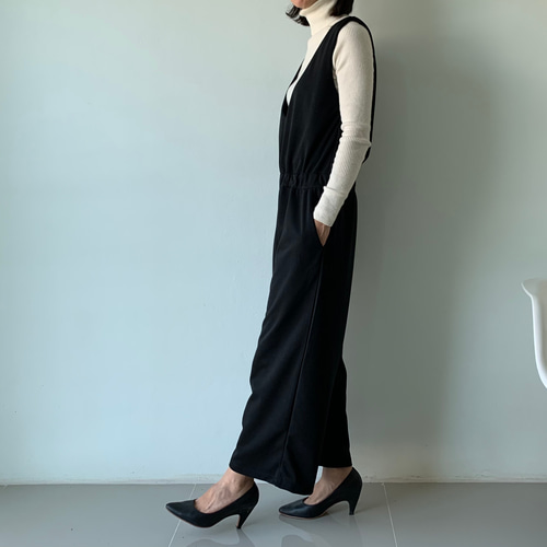 ブラウジングサロペットパンツ 黒オールインワンストレッチV