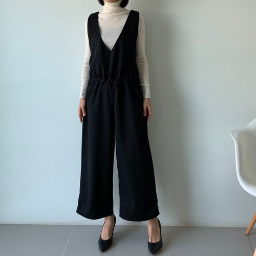 ブラウジングサロペットパンツ 黒オールインワンストレッチV ブラウジングサロペットパンツ 黒オールインワンストレッチV