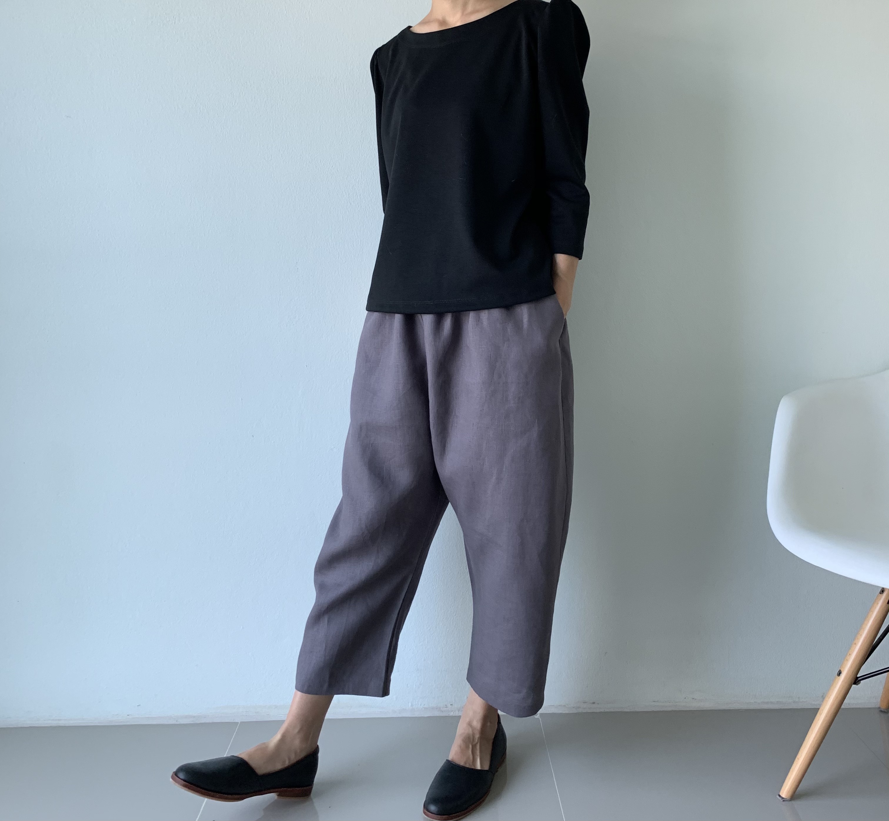ハンドメイド　リネンのワイドパンツ　グレー 脱・きゅうくつ。楽に履けるゆったりパンツ2号 リネンワイド