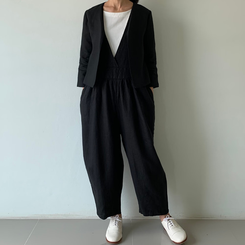フ*ト様 コットンネップサロペットパンツ　バルーンサロペット　黒 楽天市場】綿麻風 パンツ レディース サロペット 大きいサイズ