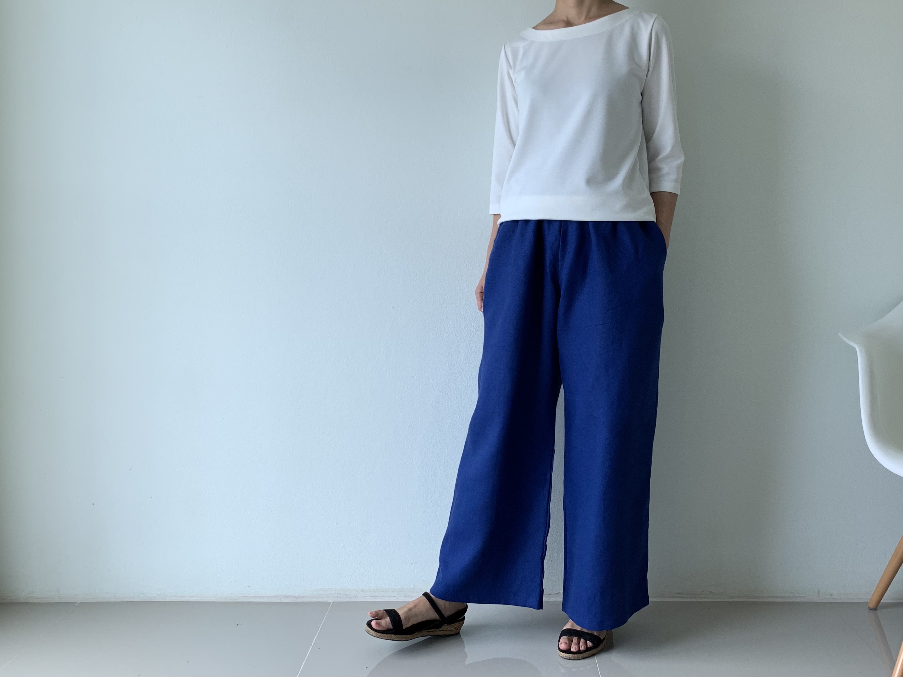 リネンゆったりパンツ3号　一枚でゆったりワイドパンツ　リネン　ブルー