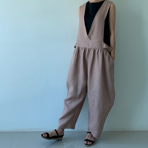 バルーンパンツオールイン リネン Vネック パンツ ピンクベージュ  