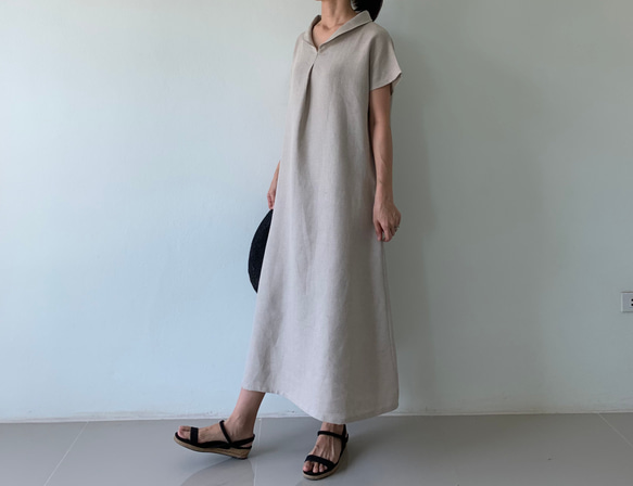 美しく体型カバー。上品さが漂う大人の日常着。半袖へちま襟リネンワンピース　生成り色 1枚目の画像