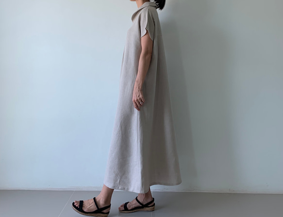 美しく体型カバー。上品さが漂う大人の日常着。半袖へちま襟リネンワンピース　生成り色 3枚目の画像