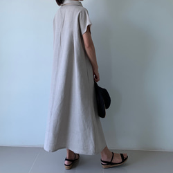 美しく体型カバー。上品さが漂う大人の日常着。半袖へちま襟リネンワンピース　生成り色 4枚目の画像
