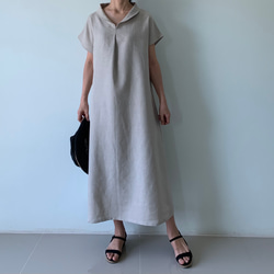 美しく体型カバー。上品さが漂う大人の日常着。半袖へちま襟リネンワンピース　生成り色 5枚目の画像