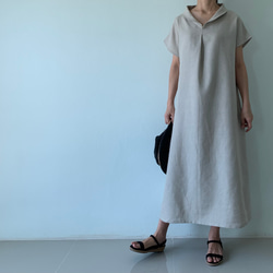 美しく体型カバー。上品さが漂う大人の日常着。半袖へちま襟リネンワンピース　生成り色 6枚目の画像